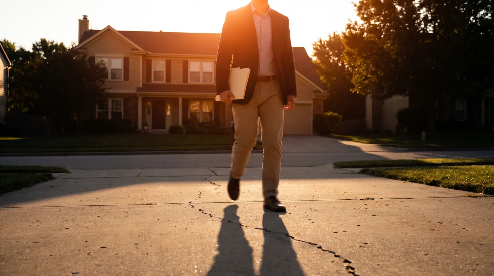 A person in business clothing walking briskly across a driveway toward a suburban house at sunrise, long shadow stretching behind.